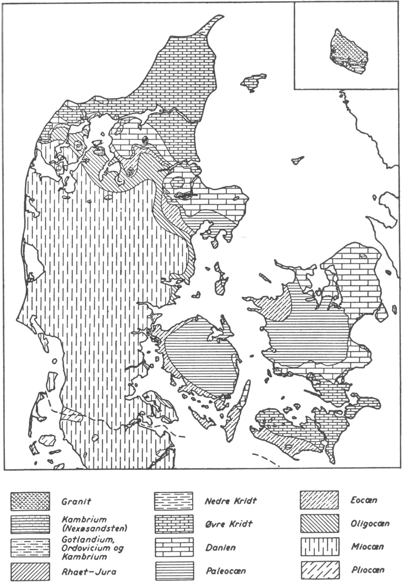 (Kort). Geologisk kort over Danmark.Formationerne ved basis af kvartæret).Målestok ca. 1:2.700.000.(Efter Theodor Sorgenfrei. 1954.)