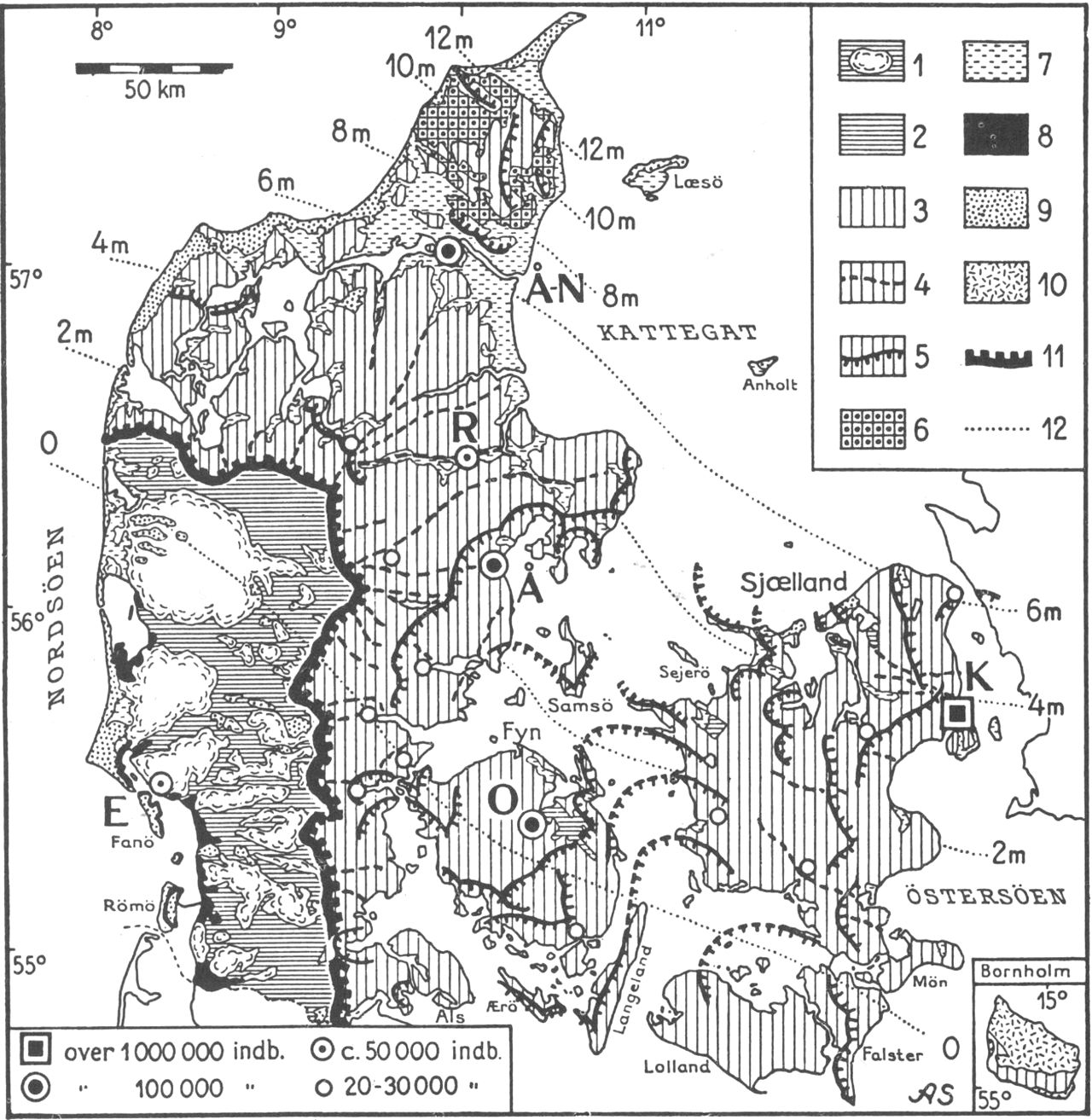 (Kort). Geomorfologisk kort over Jylland og Øerne.1. Bakkeø ɔ: gammelt morænelandskab fra næstsidste istid (Saale/Riss). Relieffet modent udjævnet ved arktisk jordflydning og normalerosion. 2. Hedeslette, opbygget af smeltevandsaflejringer i sidste istid (Weichsel/Würm). 3. Ungt morænelandskab fra sidste istid. Reliefrigt bakkeland, især i israndzonerne, vekslende med jævnt bølgede moræneflader, fx. på Lolland, Nordfyn og Stevns. 4. Tunneldale, dannet subglacialt ɔ: af smeltevandsstrømme under isen. Uregelmæssigt længdeprofil med langsøer og moselavninger. 5. Morfologisk betydningsfulde israndslinier. Israndslandskaber, stedvis med veludviklede glaciale serier af landskabsformer: inderlavning omgivet af endemorænebuer og med foranliggende hedesletter fx. i Ods herred, Kerteminde-egnen og i det sydlige Djursland. 6. Senglacialt plateau ɔ: Yoldia-havets hævede havbund. 7. Marint forland: strandvoldssletter, afspærringsforland og egentlig hævet havbund. 8. Marsk. 9. Klitlandskaber: kystklitter, vandreklitter og indsande. 10. Grundfjeldslandskabet på Nordbornholm med klippekyst og sprækkedale. 11. Hovedstilstandslinie for isen i sidste istid, Danmarks mest udprægede natur- og kulturgeografiske grænselinie. 12. Isobaser for landhævningen i NØ.-D. efter Litorina- (el. Tapes-) sænkningens maksimum.Å. Århus, Å-N. Ålborg-Nørresundby, E. Esbjerg, K. København, O. Odense. R. Randers.Kompileret af Axel Schou på grundlag af Geodætisk Instituts Landskabskort over Danmark og Danmarks Geologiske Undersøgelses publikationer.