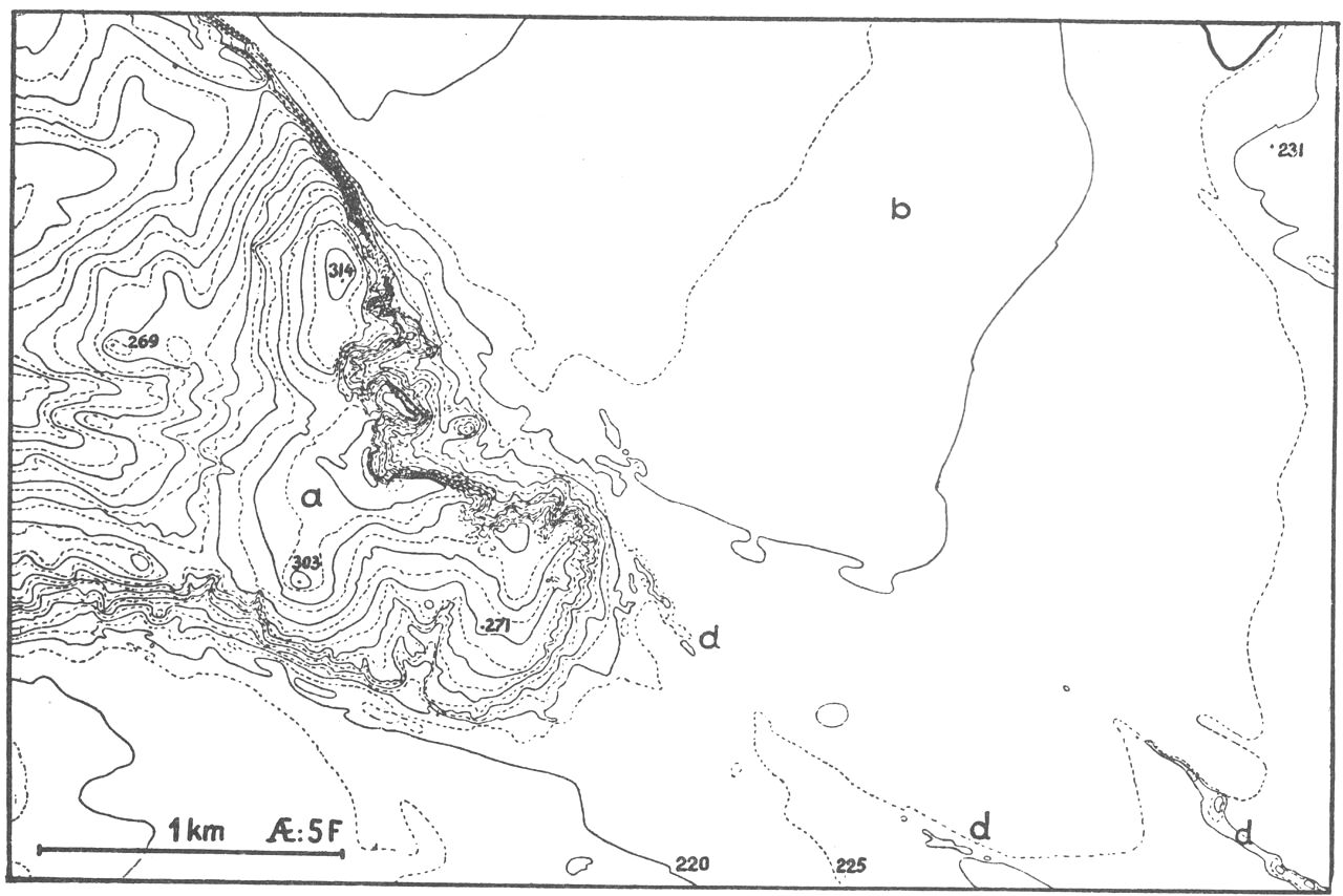 (Kort). Bakkeø og hedeslette. Ulkær-egnen, V.-Jylland.a. Gammelt morænelandskab fra næstsidste istid, bakkeø, hvis overflade er udjævnet ved arktisk jordflydning og normalerosion. b. Hedeslette. c. Skrænter frembragt ved smeltevandsflodernes erosion. d. Klitrimmer. Kurveafstand: 5 fod. Højdetal i fod. Efter Atlas over Danmark.