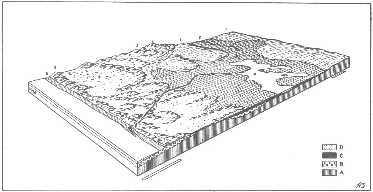 (Kort). Vandreklitterræn. Filsø-egnen.1. Morænelandskab. 2. Tørlagt søbund. 3. Klitlandskab. a, b. Gl. kystklinter. c. Vandreklit. d. Parabelklit. e. Filsø, hvis flade stadig indskrænkes ved tørlægning. 4. Afblæsningsflade. 5. Havklitter. 6. Strandbred. A. Moræne. B. Havaflejringer. C. Søaflejringer. D. Flyvesand.Blokkanter: 5,5 × 10 km. Axel Schou del. Efter Atlas over Danmark.