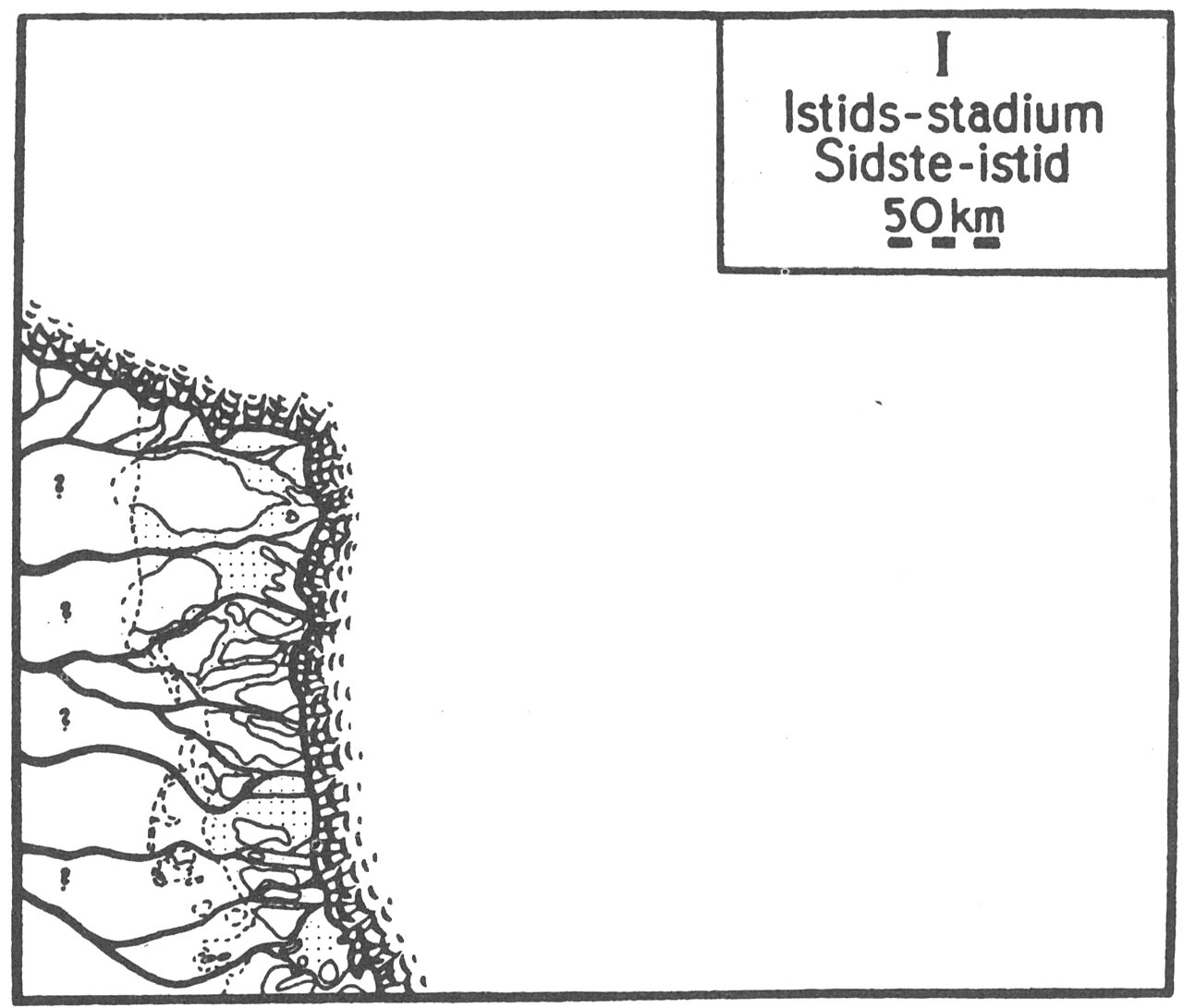 (Kort). Indlandsisens rand står ved hovedopholdslinien (sml. fig. 33, signatur 11). Kun Jyllands sydvestlige dele er isfri. Her strømmer smeltevandsfloderne vestpå og aflejrer det grus og sand, der opbygger hedesletterne (priksignatur). Bakkeøerne ɔ: de gamle morænelandskaber fra næstsidste istid rager op over hedesletterne. Hovedopholdslinien er ikke alene den mest udprægede naturgrænse i Danmark, den er tillige en kulturgeografisk skillelinie af væsentlig betydning.(Efter Atlas over Danmark).