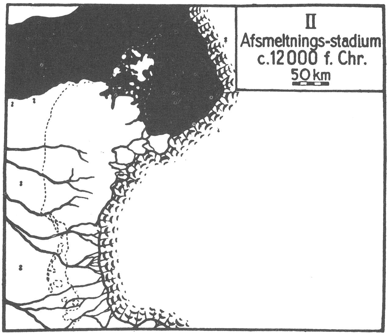 (Kort). Indlandsisen er smeltet tilbage, og dens rand står nu i Østjylland. I Djursland ophobes vældige morænemasser langs isranden, Mols Bjerge. Det senglaciale hav har i Vendsyssel haft stor udbredelse, og morænelandskabets højeste dele rager op som øer. Gudenåens løb med hovedretning fra syd til nord udformes i denne tid, da isranden indgår som et væsentligt landskabselement med afgørende betydning for vandløbsmønsteret. Tundraen var den fremherskende vegetationsform.(Efter Atlas over Danmark).