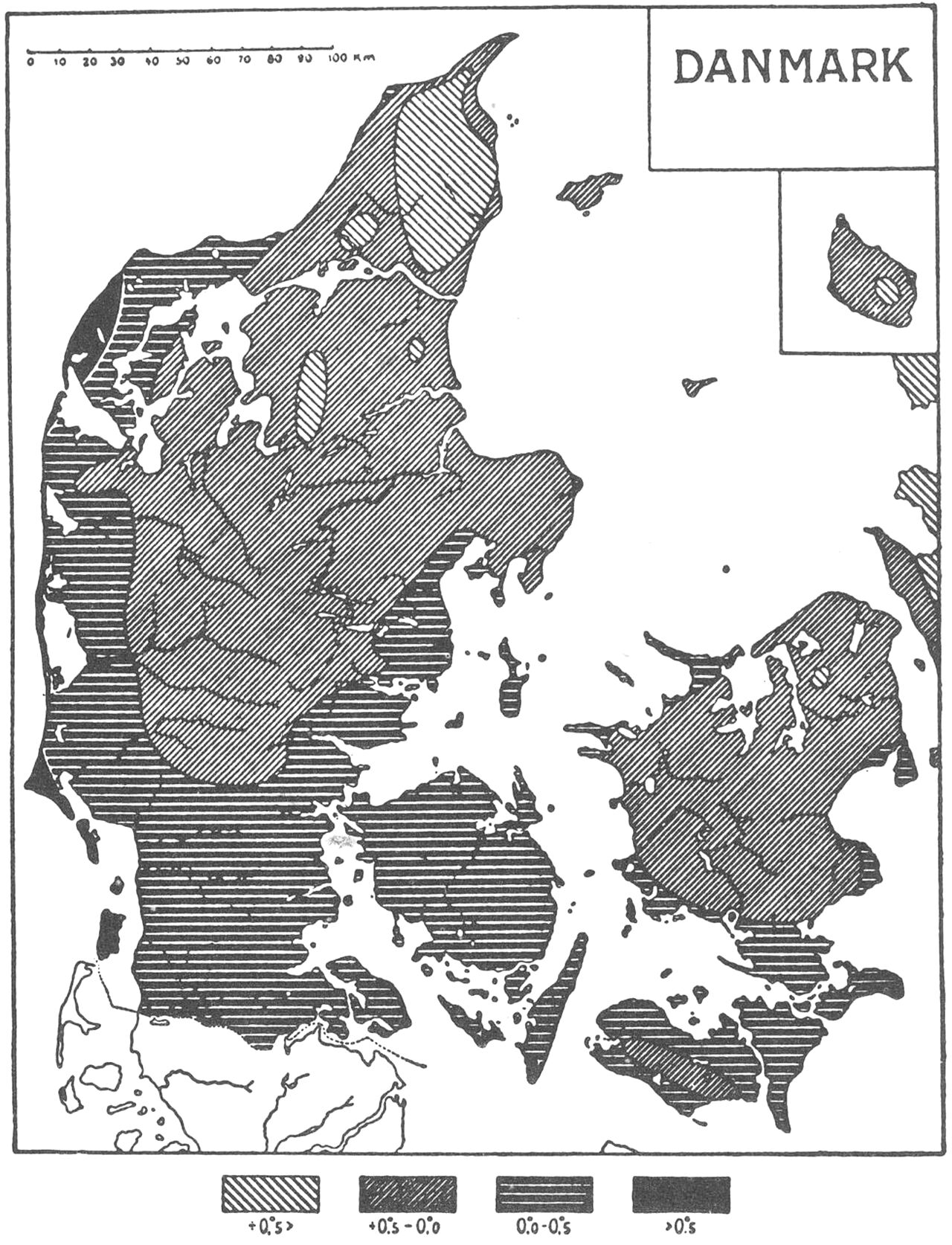 (Kort). Middeltemperaturens fordeling i februar.Temperaturmønsteret influeres først og fremmest af beliggenheden i forhold til de yderst forskelligartede luftmassers indstrømningsretninger. Den milde oceanluft, der fra v. og sv. blæser ind over landet, bevirker, at Vestjylland har de højeste middeltemperaturer. Kolde kontinentale luftmasser kommer almindeligvis til D. fra nø. og ø., hvilket giver sig udtryk i Vendsyssels og Bornholms lave vintertemperaturer. Kystlandskaber er varmere end indlandet p.gr.af havets virkning som varmereservoir. Landets sydligste dele er relativt varme p.gr. af den højere solstand og større daglængde. Højdeforholdenes indflydelse er elimineret, idet kortets temperaturer er reduceret til havoverfladen.Efter Andersen & Vahl: Geografi for seminarier v. E. Storgaard.