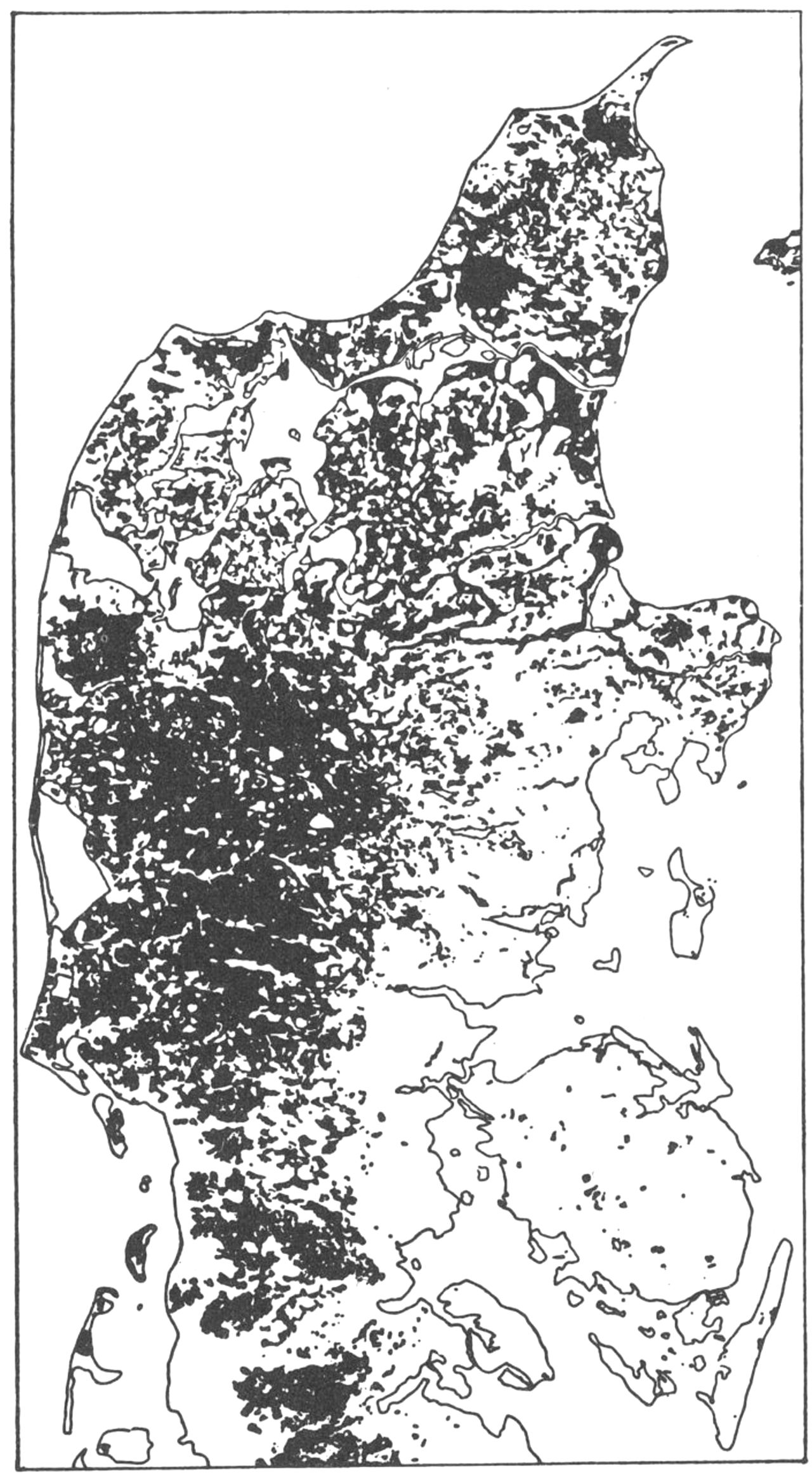 (Kort). Hedens udbredelse omkr. år 1800.En sammenligning med landskabskortet (s. 33) viser, at hedelyngen omkr. 1800 i Vestjylland bredte sig over såvel hedesletter som bakkeøer og gammelt klitterræn. Den udbredte hedesignatur brydes dels af de hvide striber, der angiver ådalenes gamle dyrkningsarealer, dels af prikker, som viser 1700t.s dyrkningsenklaver i lyngørkenen. Langs vadehavskysten mod sv. danner marsken en bred bræmme af kulturland, som lyngen ikke har kunnet erobre. I Østjyllands og i de vestlige Limfjordsegnes unge morænelandskaber træffes lyngen kun på steder, der ikke kan opdyrkes: Stejlskrænter, vandlidende lavninger olgn. På Den nørrejyske Ø er heden udbredt over såvel det gamle klitterræn som det marine forland, mest sammenhængende på de store højmoseflader Store og Lille Vildmose.
