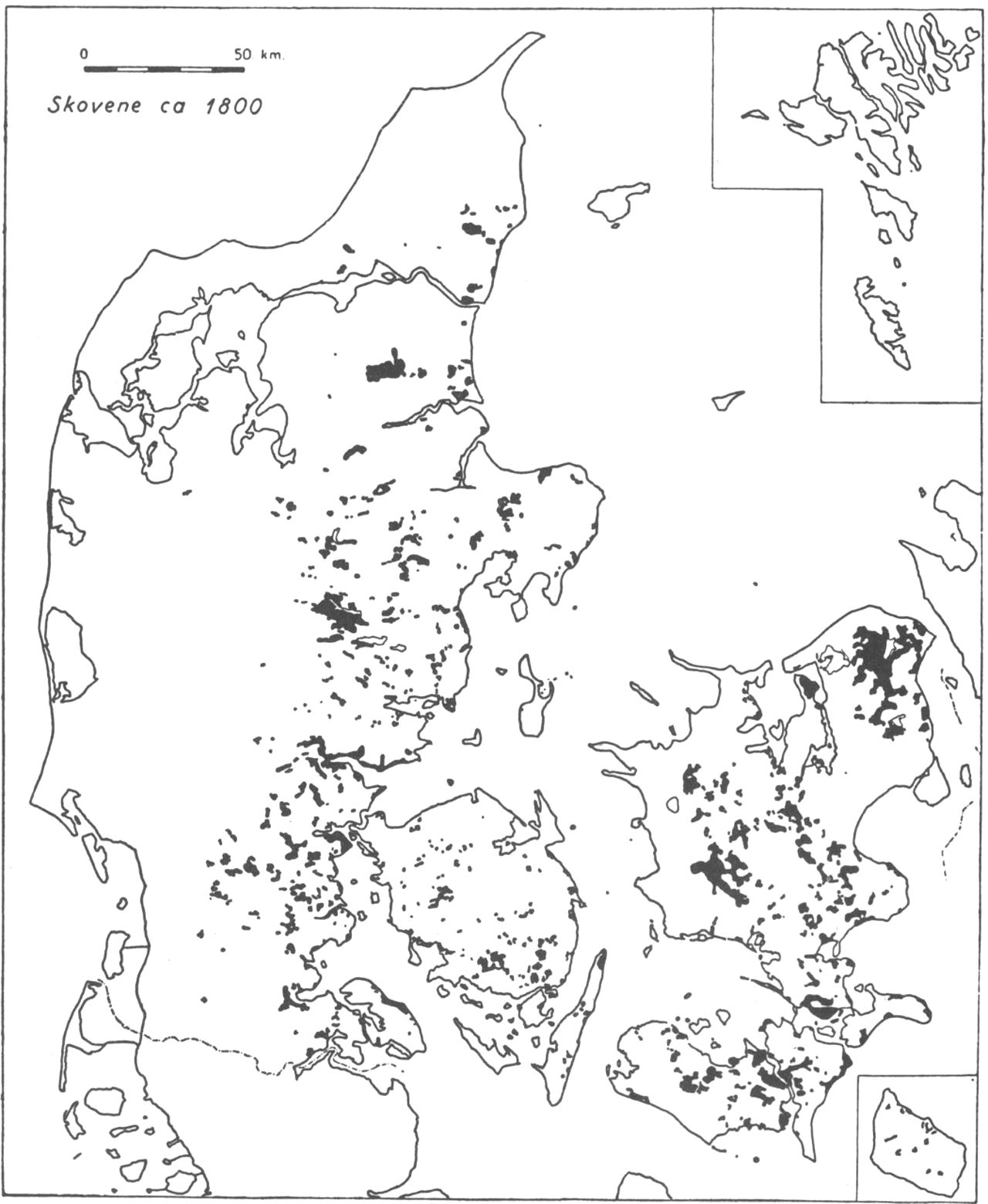 (Kort). Skovene ca. 1800.Udbredelsen er lokaliseret til landets østlige dele. Det er de unge morænelandskabers bakkede sandjordsområder fx. Nordsjælland, Himmerland, Silkeborg-egnen, tunneldalenes stejlskrænter fx. ved Vejle fjord og morænefladernes lave fugtige dele fx. på Lolland, der er skovdækket. Det samlede skovareal er ca. 4%, altså mindre end halvdelen af nutidens.Københavns Universitets Geografiske Laboratorium del.