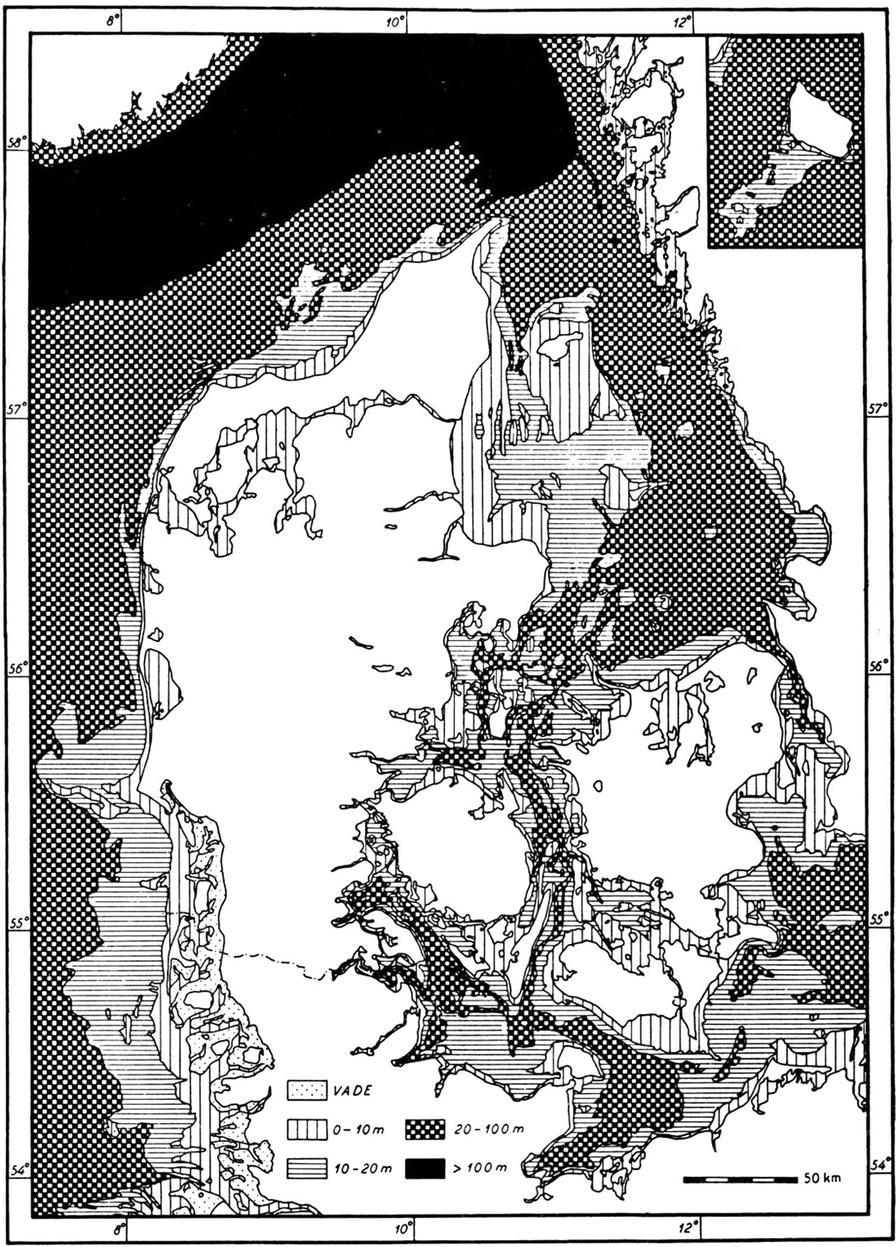 (Kort). Dybdeforhold i havet omkring Jylland og Øerne.De danske farvande, hvis dybde ikke overstiger 200 m, må betegnes som fladsø eller overskylningshave, havtransgrederede dele af fastlandssoklen. Norske Rende med dybder indtil 800 m er en del af det sænkningsområde, der fortsætter ø.-på i Mellemsverige. De dybe render fx. i Bæltfarvandet er oprindelig udformet som floddale i fastlandstidens landoverflade. Universitetets Geografiske Laboratorium del.