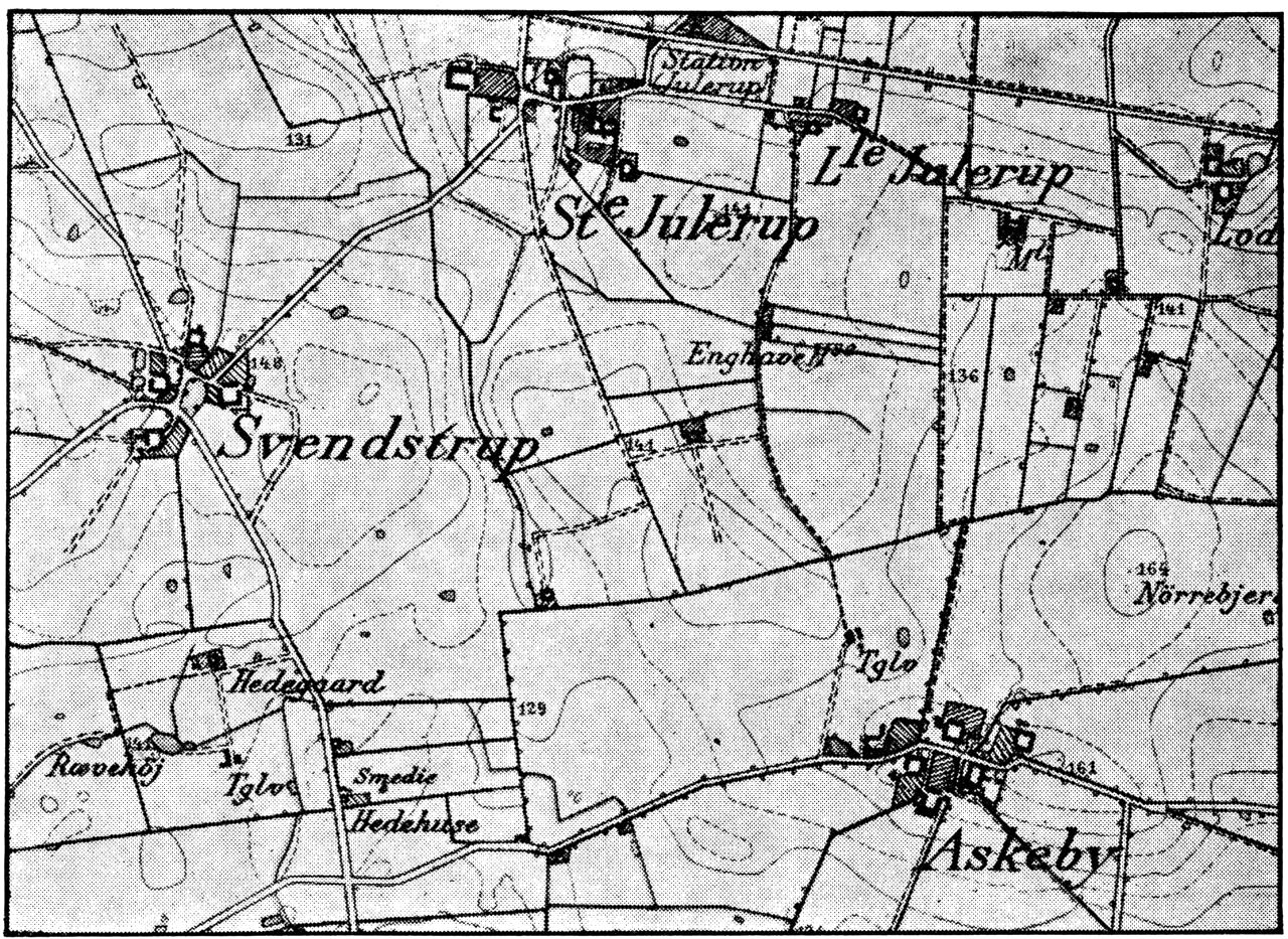 (Kort). Type på landsbyegn på skovløs moræneflade. (»Sletten« nv.f. Odense). Målestok 1:20.000. Geodætisk Institut. Eneret.