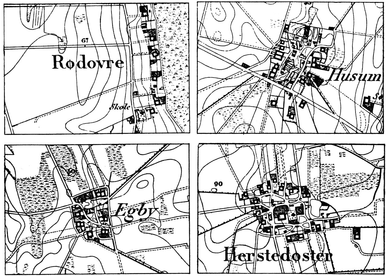 (Kort). Eksempler på landsbytyper fra morænefladen vest for København (1851). Målestok 1:20.000. Rødovre: enkelt rækkeby; gårdene på grænsen mellem ager og eng. Husum: dobbelt rækkeby; gårdene omslutter en i begge ender åben forte, bebygget med småhuse. Egby (Ejby): pladsby; gårdene omkring en lukket, rektangulær forte. Herstedøster: pladsby; gårdene i en oval kreds omkring forten, hvorpå ligger kirke, præstegård og småhuse. Geodætisk Institut. Eneret.