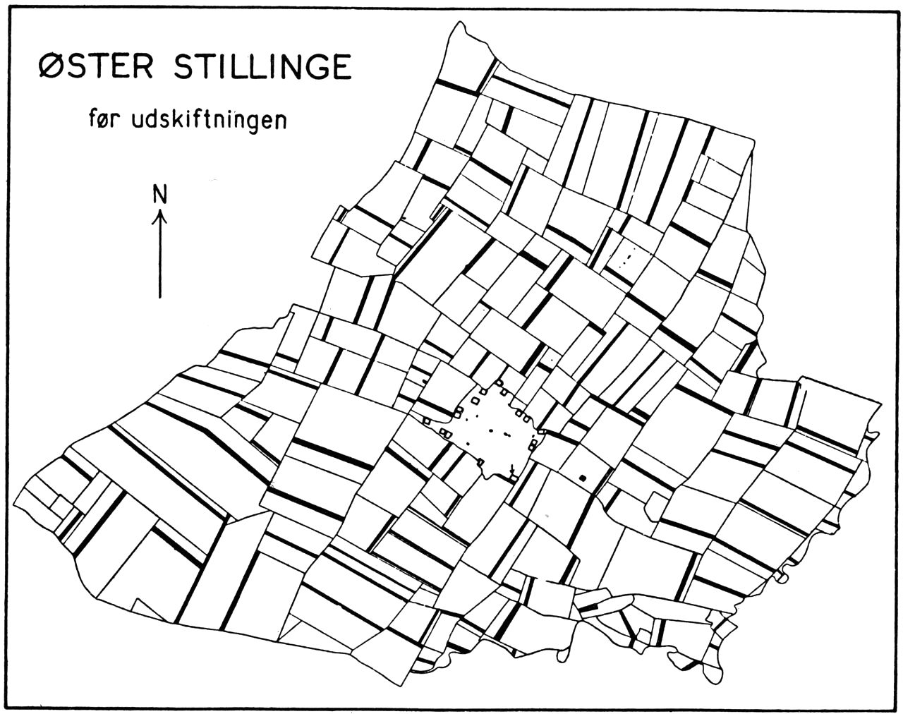 (Kort). Øster Stillinge nv.f. Slagelse før udskiftningen. Med sort er angivet en enkelt gårds parceller, i alt 132. Målestok 1: 40.000.