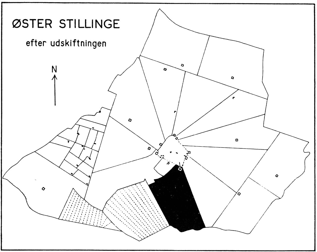 (Kort). Øster Stillinge nv.f. Slagelse, efter udskiftningen. Med sort er angivet samme gårds tilliggende som på planen på modstående side. Eksempel på stjerneudskiftning. Målestok 1:40.000.