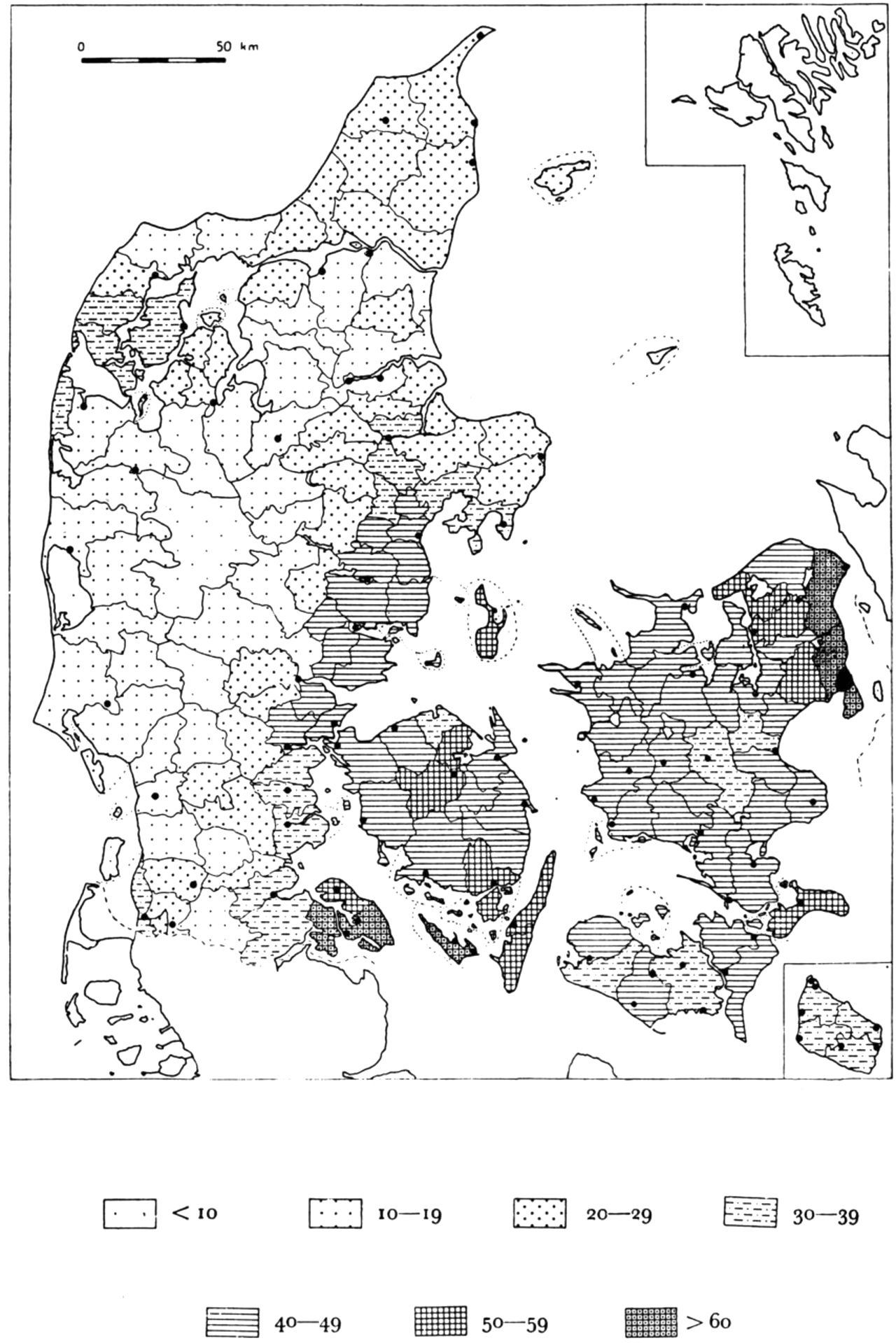 (Kort). Befolkningstætheden 1850. (Indb. pr. km2). De sorte prikker er de daværende købstæder og flækker.