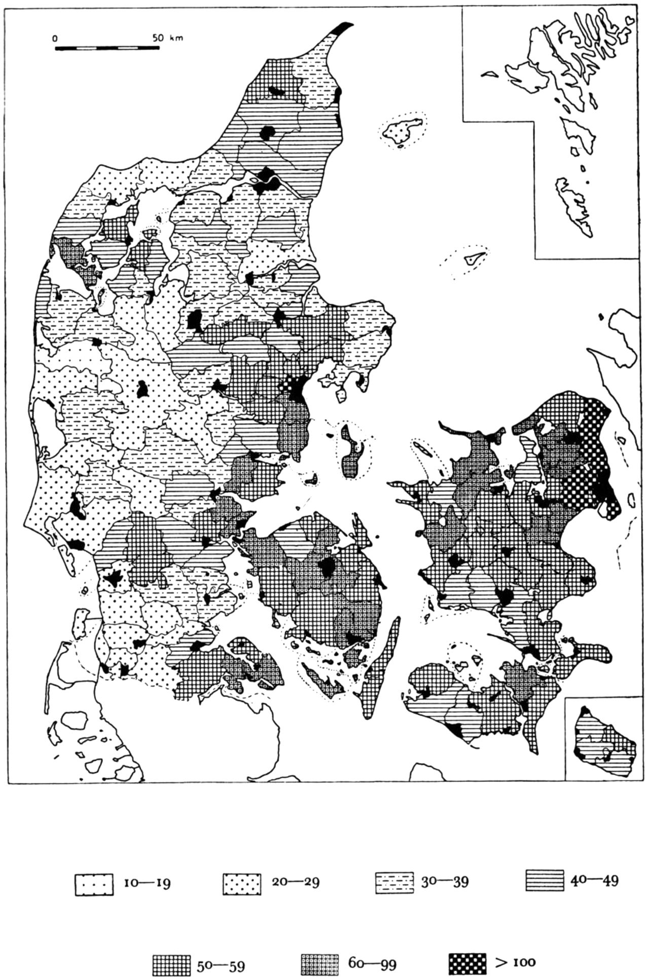 (Kort). Befolkningstætheden 1950. (Indb. pr. km2).Med sort er angivet byerne med deres evt. forstæder; dog er Kbh. undtaget.