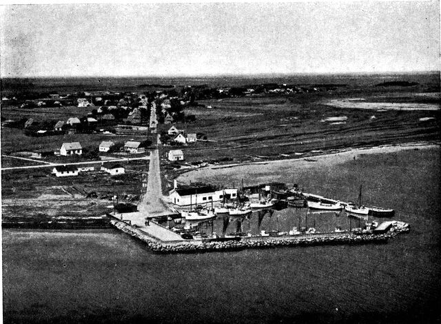 (Foto). Fiskerbebyggelse. Ved halvøen Reersø i Vestsjælland byggedes 1914 en lille fiskerihavn. Langs den snorlige vej, der forbinder havnen med den gamle landsby (helt i baggrunden), er siden da opvokset et moderne fiskersamfund.Luftfot. Sylvest Jensen.