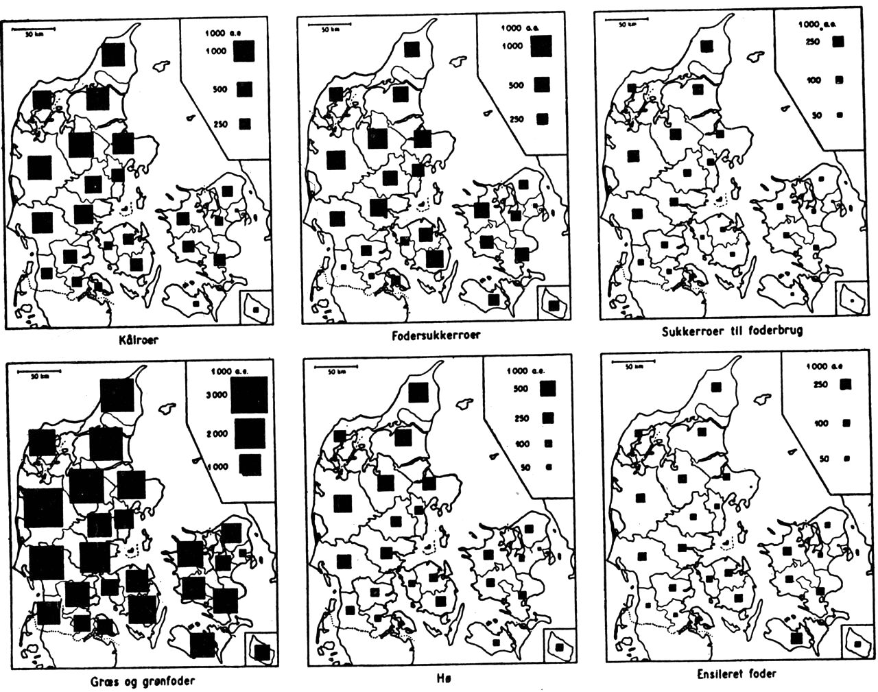 (Kort). Foderafgrøderne i 1954. Høsten er angivet amtsvis i afgrødeenheder. Angivelserne for kålroer, fodersukkerroer og sukkerroer til foderbrug omfatter kun rod. Roetop er inkluderet i græs og grønfoder med halvdelen i frisk fortæret græs og grønfoder og halvdelen i ensileret foder. Hø omfatter foruden ager- og enhø også lucerne. Til sammenligning med kornhøsten kan anføres, at foderværdien af høsten af græs og grønfoder 1954 var 36,6 mill. a.e.