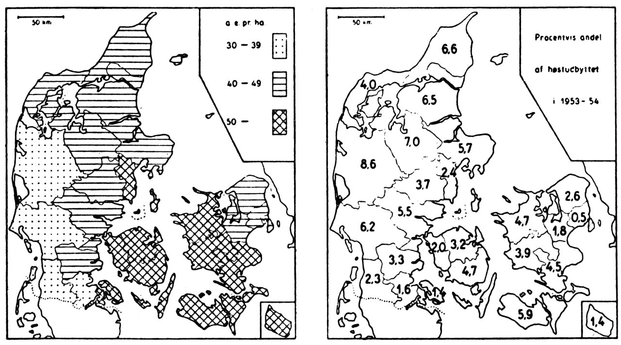 (Kort). Arealudbyttet målt i afgrødeenheder og de enkelte amters procentvise andel af det samlede høstudbytte. 1953/54. Kortet til venstre viser, på grundlag af en amtsvis opgørelse, det samlede høstudbytte målt i afgrødeenheder pr. ha. Arealudbyttet er her beregnet som et gennemsnit af høsten i årene 1953 og 1954. For Øerne er gennemsnittet 52, for Jylland 41 og for hele landet 44 a.e. pr. ha. Kortet til højre viser de enkelte amters procentvise andel af det samlede høstudbytte, ligeledes beregnet som et gennemsnit af årene 1953 og 1954. Øernes andel udgør 35 % og Jyllands 65 %.