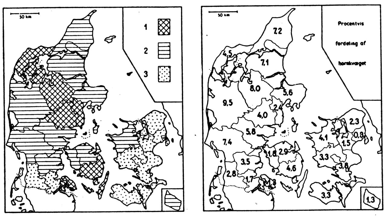 (Kort). Kvægholdet i forhold til landbrugsarealet, samt den amtsvisefordeling. 1954.Kortet til venstre viser, hvor mange stkr. hornkvæg der findes pr. 100 ha landbrugsareal inden for hvert amt. Signatur 1 angiver 110 stkr. eller flere, 2. angiver 95–109 stkr. og 3. angiver 94 stkr. eller færre. 29 % af hornkvæget findes på Øerne, 71 % i Jylland. Tallene på kortet til højre viser, hvilken procent af den samlede hornkvægbestand der findes i det pågældende amt.