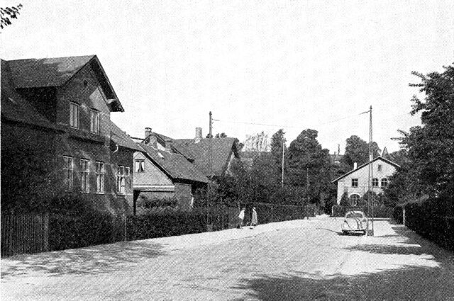 (Foto). Gammel villabebyggelse ved Rosenvængets Allé. Villaen for enden af vejen ligger ved Rosenvængets Hovedvej og er opført for maleren P. C. Skovgaard 1860 af arkt. J. D. Herholdt, kort efter at udstykningen af Rosenvænget til villagrunde var begyndt.