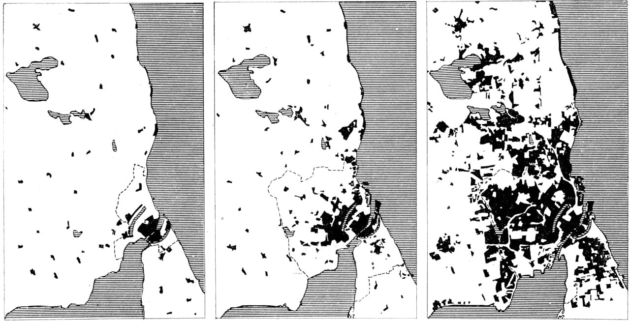 (Kort). Københavns-egnens bebyggelse på 3 forskellige stadier. Til venstre 1850, hvor der bortset fra lidt forstadsbebyggelse på broerne kun fandtes landsbybebyggelser uden for voldene. I midten situationen ca. 1900, hvor brokvartererne og Frederiksberg samt kvarterer i Hellerup, Charlottenlund og Kongens Lyngby er under udbygning. Til højre bebyggelsen i 1950, hvor der navnlig i nordegnen, men også vest for København i Rødovre, Hvidovre og Glostrup har fundet omfattende bebyggelser sted.Den punkterede linie angiver kommunegrænsen mellem København og omegnskommunerne.