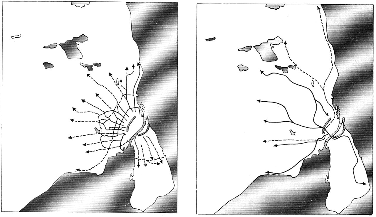 (Kort). Forslag fremsat af Fællesudvalget af 22. juni 1922. Til venstre forlængelser af de eksisterende sporvejslinier ud i omegnskommunerne. Til højre forslag til hurtigsporvejslinier (fuldt optrukket) og de af statsbanekommissionen af 15. februar 1911 foreslåede elektrificerede jernbaner (punkteret).