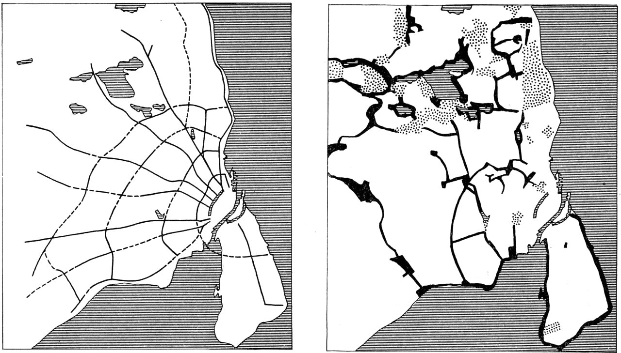 (Kort). Til venstre Ingeniørforeningens trafiklinieudvalgs forslag til hovedtrafiklinier i Københavns omegn 1926. Forslaget byggede på de eksisterende radialveje samt biveje i omegnskommunerne, der blev forbundet til et ringvejs-system. Til højre forslag til Københavns-egnens grønne områder, udsendt 1936 af egnsplanudvalget. Med prikker er angivet eksisterende skove og parker og med sort forslag til udflugtsområder, landskabsfredninger og udflugtsveje.