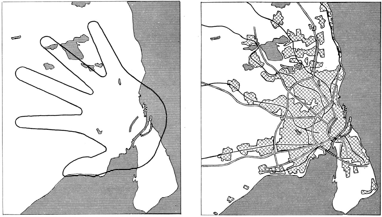 (Kort). Egnsplankontorets skitseforslag til en egnsplan 1948 var symboliseret ved en hånd med udspilede fingre. Til højre forslag til de bymæssigt bebyggede områder, hvis trafikbetjening skulle ske ved eksisterende eller planlagte S-baner (fed streg). Endvidere var der stillet forslag om et særligt bilvejs-system (dobbeltstreg).