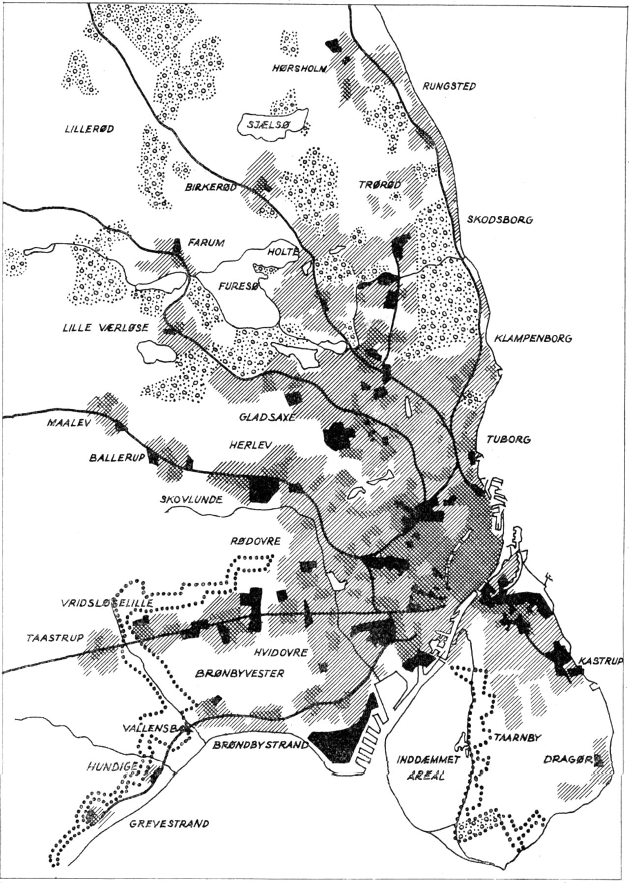(Kort). Skitseforslag til en egnsplan, 1948. De fremtidige boligområder er angivet med skravering og erhvervsområderne med sort. Områderne, der er omsluttet af en prikket linie (vest for København og på Amager) var foreslået tilplantet med skov.