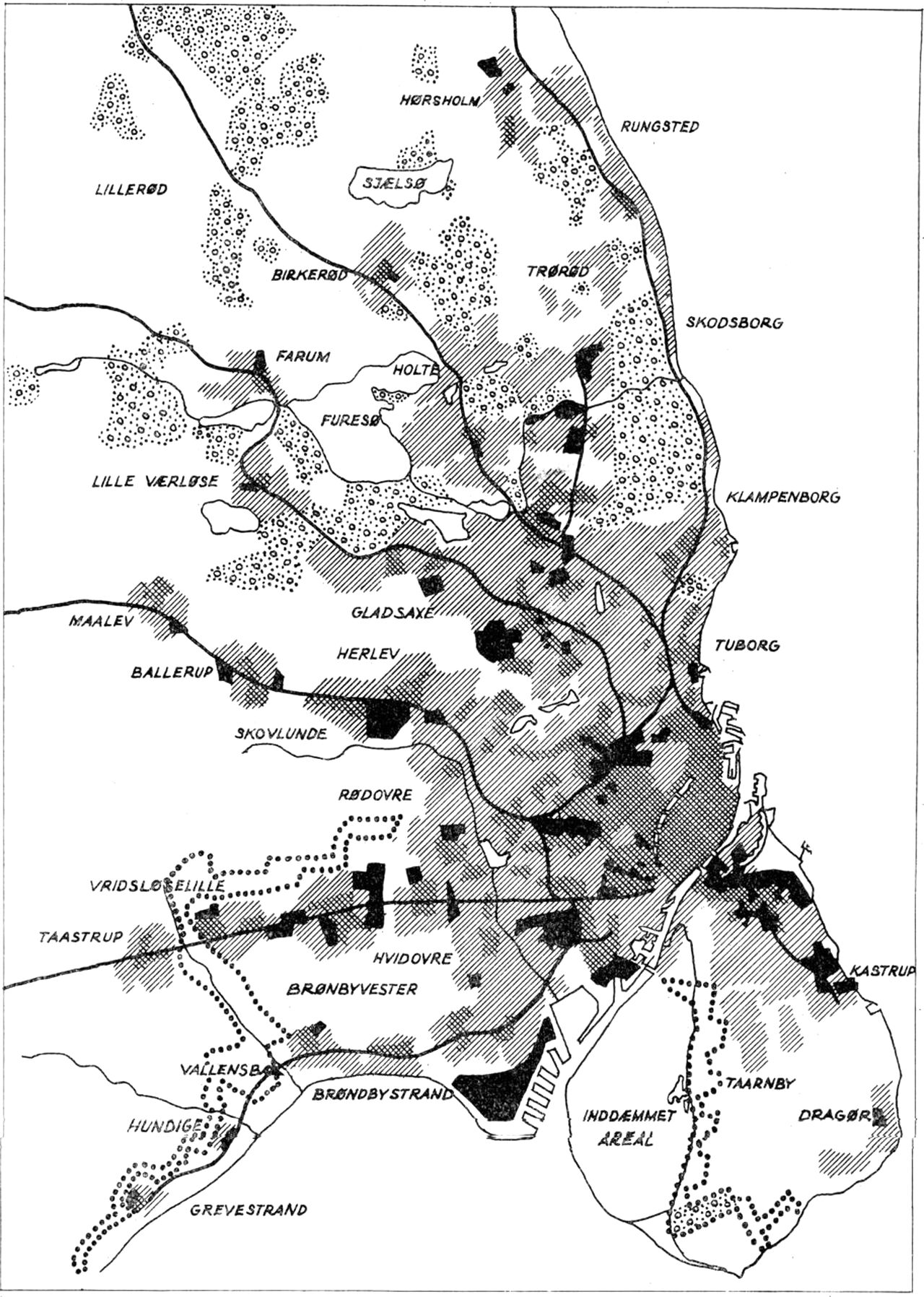 (Kort). Skitseforslag til en egnsplan, 1948. De fremtidige boligområder er angivet med skravering og erhvervsområderne med sort. Områderne, der er omsluttet af en prikket linie (vest for København og på Amager) var foreslået tilplantet med skov.