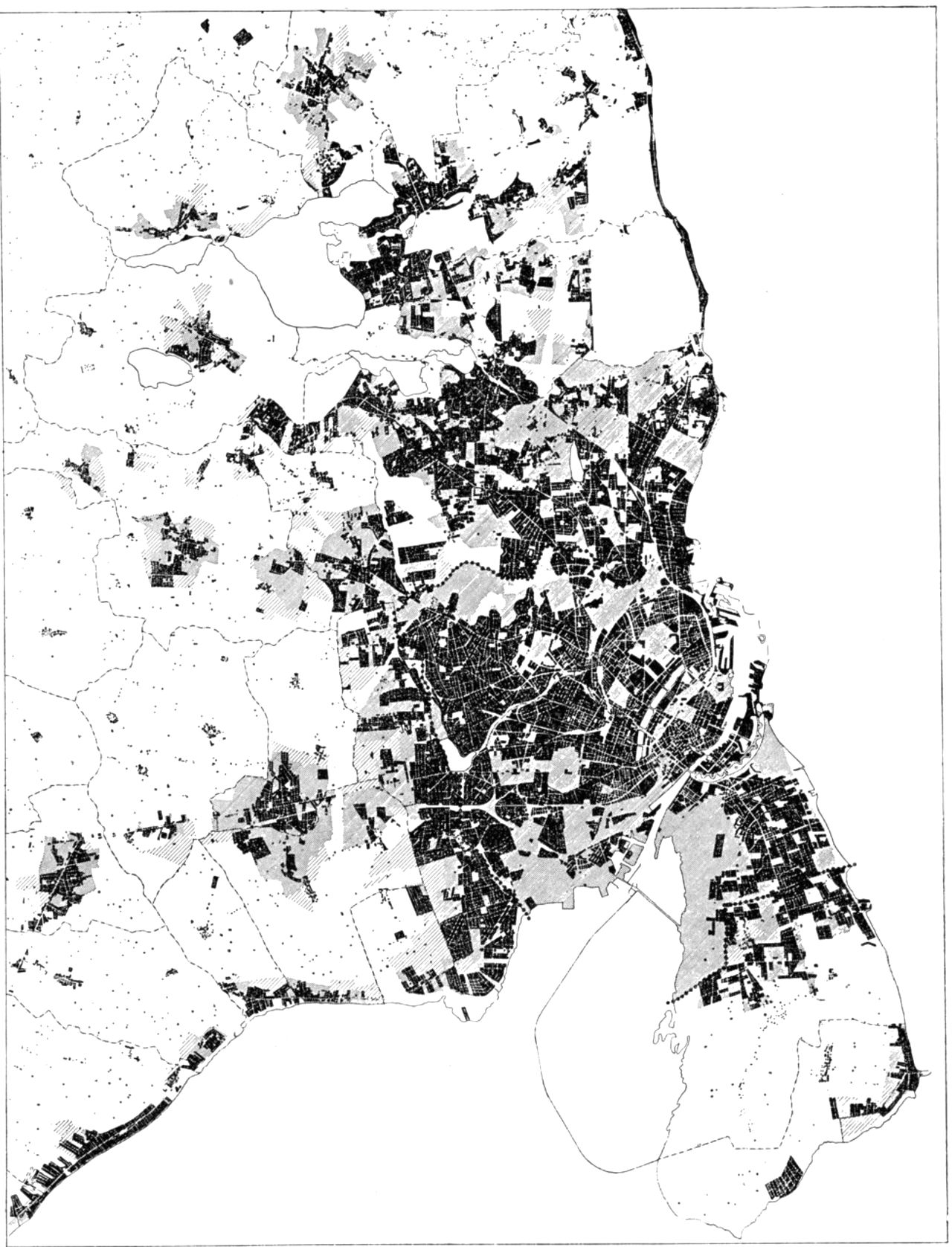 (Kort). Byudviklingsplanerne for Københavns-egnen 1951 og 1954. Med sort er angivet bebyggelsen 1950, tæt skravering: inderzone og åben skravering: mellemzone. Byvæksten er – som i egnsplanskitsen – søgt begrænset til oplandet omkring S-banerne.