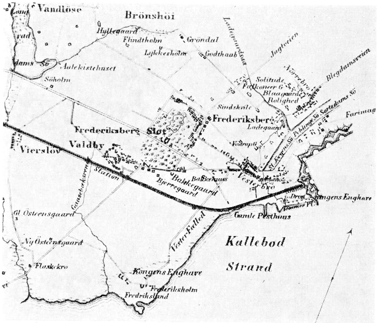 (Kort). Roskildebanens indføring til København 1847. Man ser Københavns første banegårds placering uden for voldene tæt ved hovedbanegårdens nuværende plads.