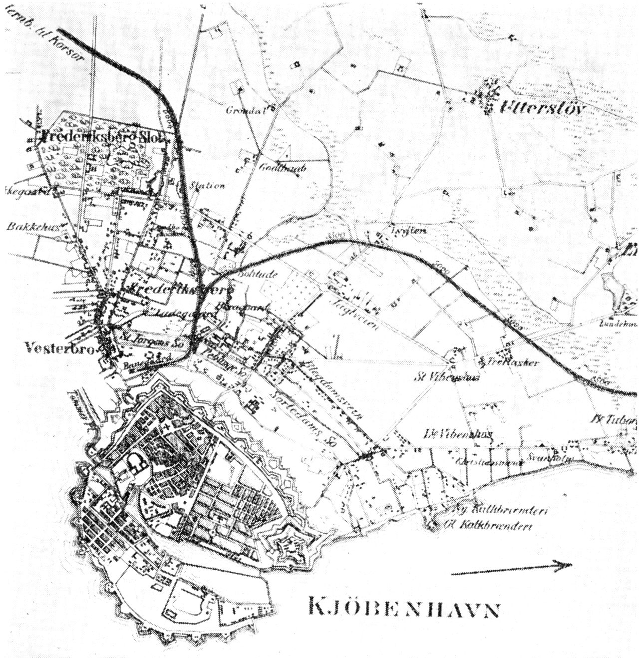 (Kort). København og omegn 1864 med byens anden banegård, Korsørbanen (til venstre) og Nordbanen og Klampenborgbanen (mod højre).