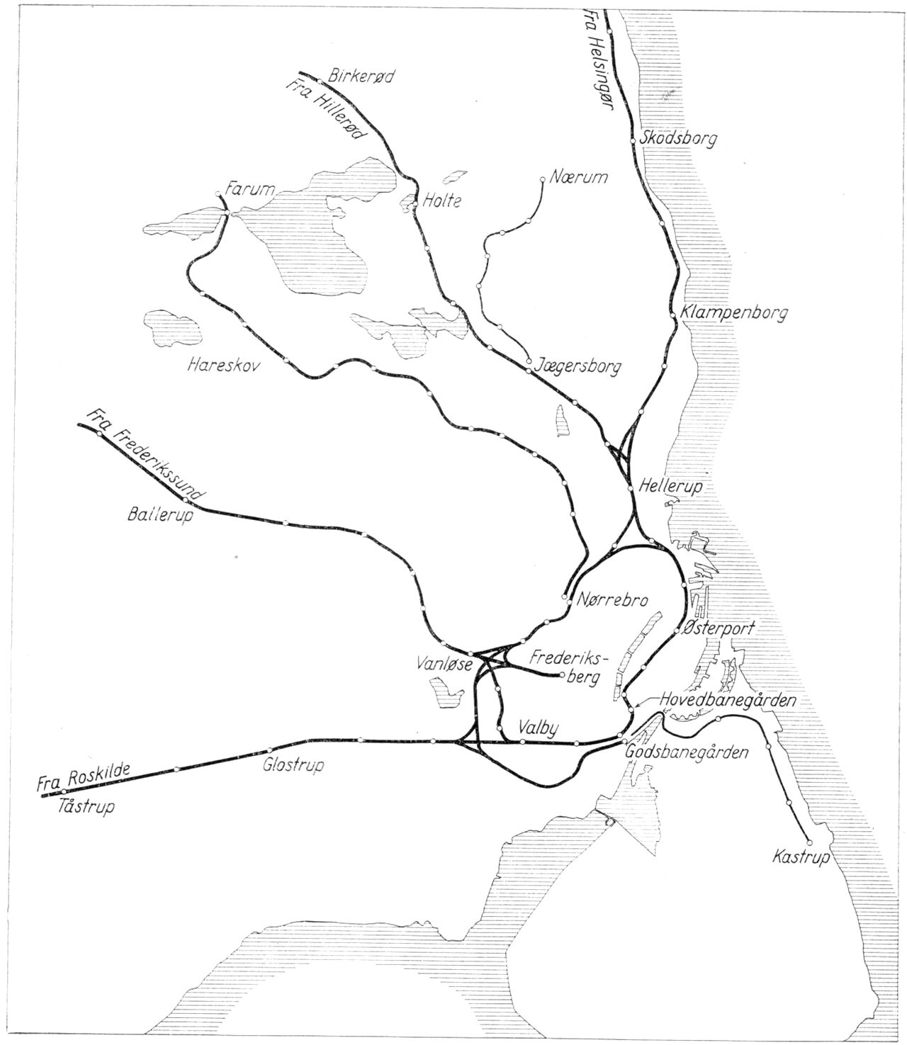 (Kort). Det storkøbenhavnske jernbanenet 1958.