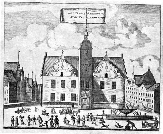 (tegning). Københavns tredie rådhus, set fra Gammeltorv ca. 1670. Efter Resen.