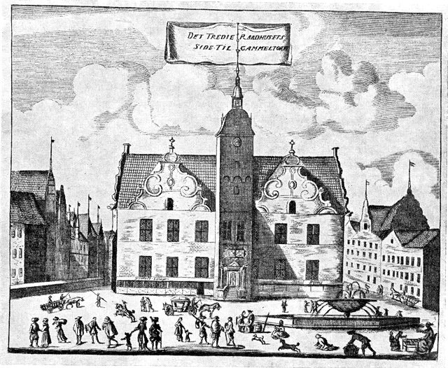 (tegning). Københavns tredie rådhus, set fra Gammeltorv ca. 1670. Efter Resen.