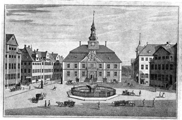 (tegning). Københavns fjerde rådhus ved midten af 1700 tallet, set fra Gammeltorv. Efter Thurah.
