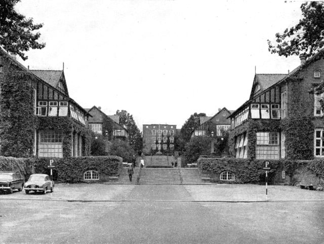 (Foto). Parti fra Bispebjerg Hospital. På begge sider af terrasserne ses de oprindelige af Martin Nyrop tegnede pavilloner. Bygningen helt tilbage i centrum er opført 1942 (til røntgenafdeling og en ny kirurgisk afdeling).