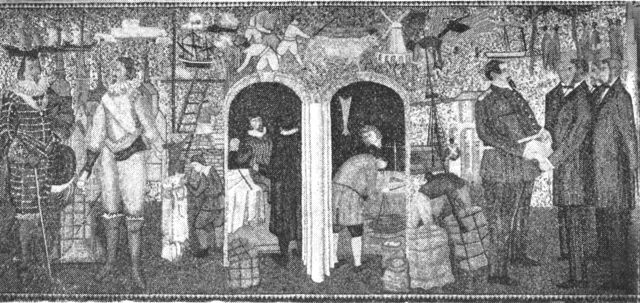(Foto). Mosaikarbejde i Børsen forestillende bygningens grundlæggelse under Chr. IV (til venstre) og dens overdragelse til grosserersocietetet 1857 under Fr. VII (til højre). Udført af Boye Givskov.