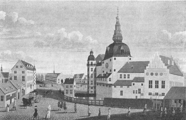 (Foto). Københavns slot 1698, set fra Højbro. Til venstre på slottet Blåtårn, til højre riddersalsfløjen. Gouache af J. J. Bruun 1740 på Rosenborg.