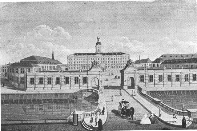 (Foto). Christian VI’s Christiansborg. Hovedfaçaden mod ridebanen og marmorbroen. Gouache af J.J. Bruun 1743 på Rosenborg.