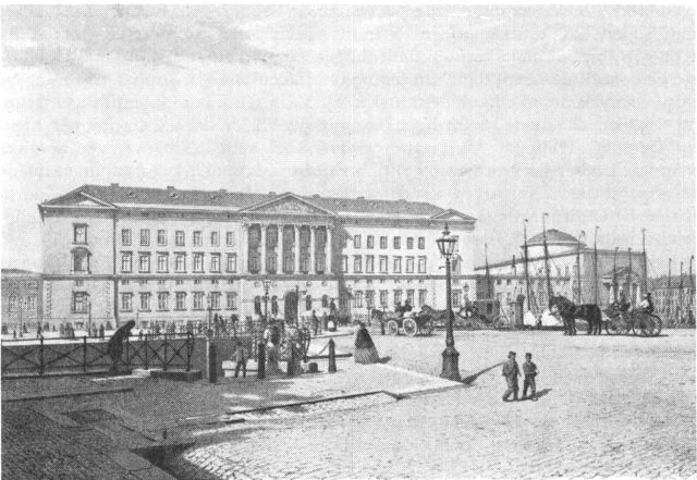 (Foto). Frederik VI’s Christiansborg, set fra Holmens kirke. Lithografi fra o. 1850.
