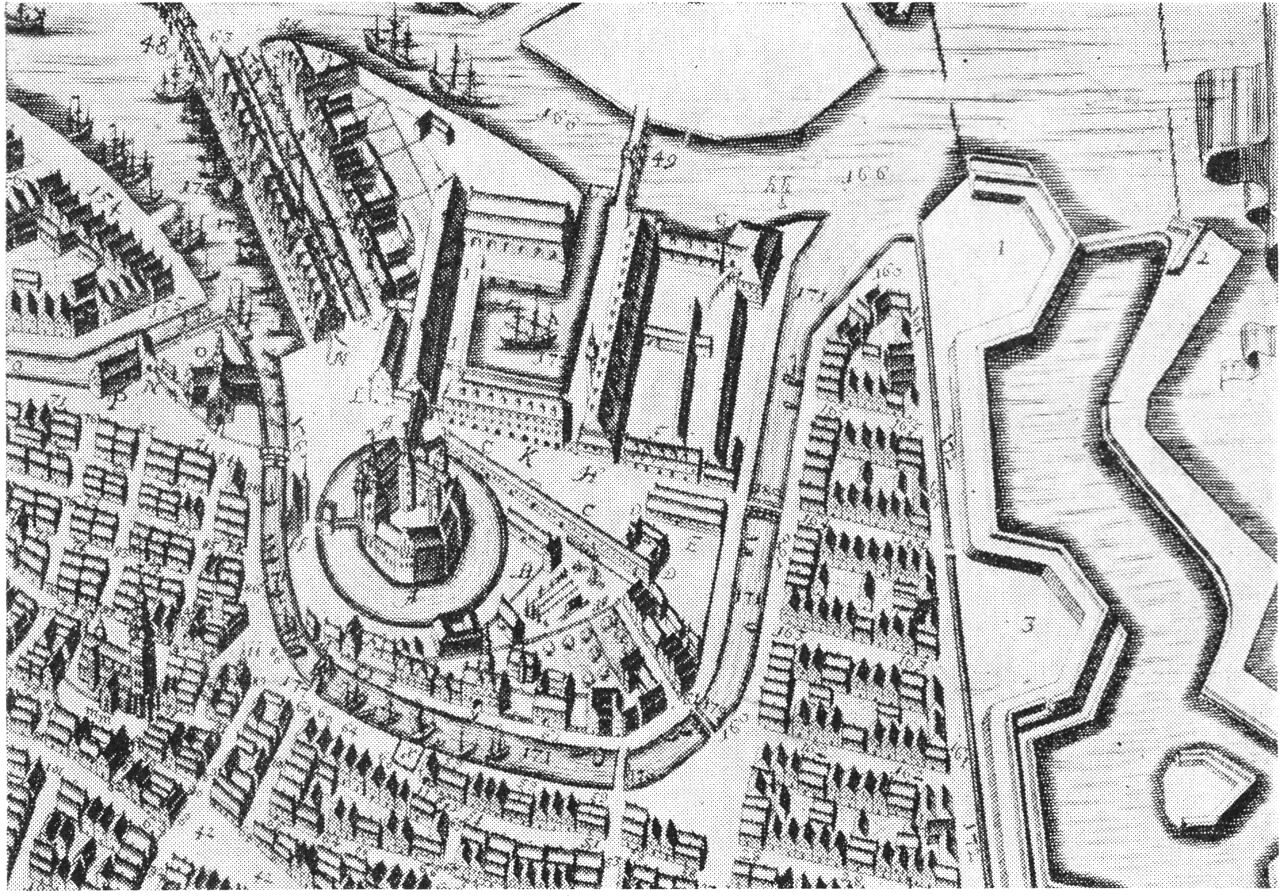 (Kort). Detaille af Peder Hansen Resens perspektivkort over København 1674. I midten slottet, foroven til venstre Børsen med kanaler på begge sider, til højre herfor Christian IV.s flådehavn flankeret af proviantgård og tøjhus og imellem disse den nyopførte kunstkammerbygning. Vestervold yderst til højre er rettet ud imod Christianshavns vold, og indenfor ses det planlagte Frederiksholms kvarter.