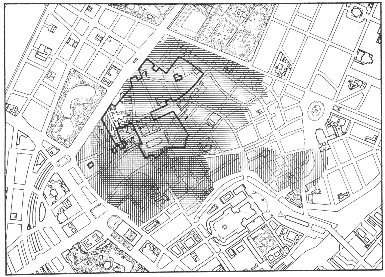 (Kort). Brandenes hærgen. På et nutidigt bykort angives ildebrandens omfang i 1728 af vandret skravering, branden 1795 af lodret skravering. Bombardementet 1807 ødelagde kvarteret indenfor den svære sorte linie.