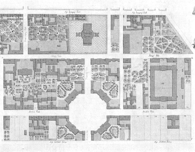 (Foto). Amalienborgkvarteret. Udsnit af Geddes kort 1757. Anlæggets hovedakse er Frederiksgade fra Frederikskirken til Amalienborg plads med de 2 ens palæer, Bernstorffs og Dehns, ved Norgesgade (nu Bredgade). Bag gårdene var mange store haver.