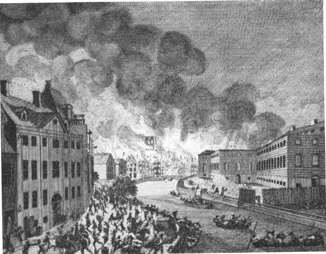 (Foto). Københavns brand 1795, set fra Nybrogade. I baggrunden Nikolai kirke og kvarteret omkring nuværende Højbro Plads i flammer. Stik efter akvarel af G. L. Lahde.