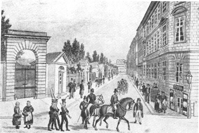 (Foto). Kronprinsessegade med de af stadsbygmester Meyn opførte pavilloner i Kongens Have. Akvarel af H. G. F. Holm ca. 1820.