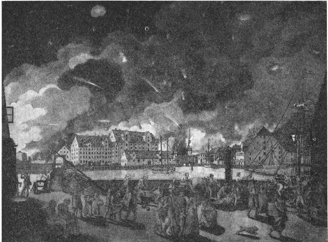 (Foto). Københavns bombardement 1807 set fra Christianshavn. Til venstre Langebro midt for Frederiksholms kanal og den brændende Vor Frue kirke i baggrunden. Stik af Clemens efter tegning af Eckersberg.