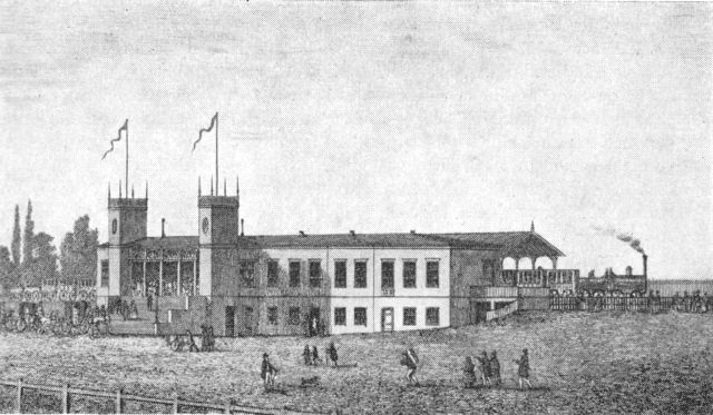 (Foto). Københavns første banegård. 1847. Stik af H. G. F. Holm.