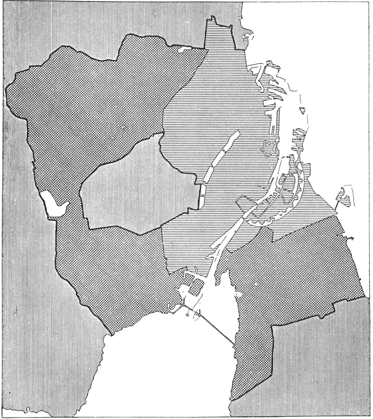 (Kort). De store indlemmelser i Københavns kommune 1901–02 angivet ved krydsskravering, kommunens omfang i 1900 ved vandret skravering og Frederiksberg og andre kommuner ved lodret skravering.