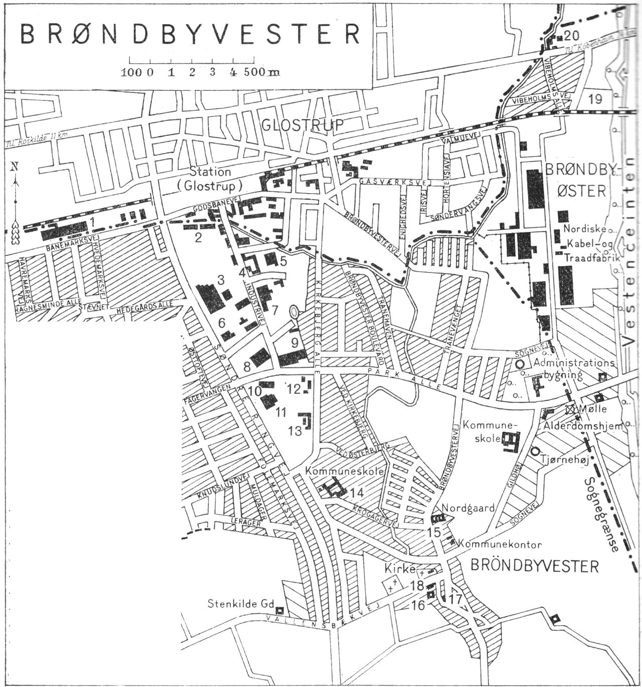 (Kort). 1 Skandinavisk Motor Co. (samlefabrik)2 Tømmerhandel3 D. O. M. I. (samlefabrik)4 Danske Andelsslagteriers Tarmsalg5 Hude-Centralen6 Chokoladefabrik7 Betonelementfabrik8 Sino (sengefabrik)9 Duplikatorfabrik10 Papirvarefabrik11 Elektroteknisk fabrik12 Telefonfabrik13 Industrigaarden14 Bibliotek15 Sehestedstuen16 Præstegaard17 Rytterskolen18 »Seminariehus«19 Campingplads20 TraadvævsfabrikG.E.C.Gads ForlagRevideret 1958. Geodætisk Institut. Eneret