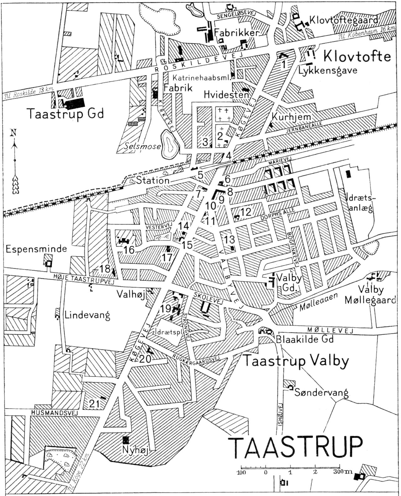 (Kort). 1 Falcks Redningskorps2 Taastrup Nykirke3 Teknisk Skole4 Fachmanns Hotel5 Posthus og telegrafstation6 Lipperts Hotel7 Taastrup Bank8 Taastrup Sparekasse9 Apotek10 Den sjæll. Bondestands Sparekasse11 Landmandsbanken12 Taastrup private Realskole13 Præstebolig14 Katolsk- apostolisk kirke15 Raadhus og politistation16 Københavns Amts Sygehjem17 Bibliotek18 Alderdomshjem19 Taastrup Borger- og Realskole20 Rutebilstation21 Romersk-katolsk kirkeG.E.C.Gads ForlagRevideret 1958. Geodætisk Institut.Eneret