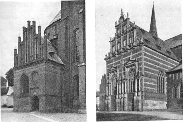 (Foto). To af tilbygningerne på Roskilde domkirkes nordside, begge set fra nordvest. Til venstre Oluf Mortensens våbenhus, til højre Christian IV.s kapel.